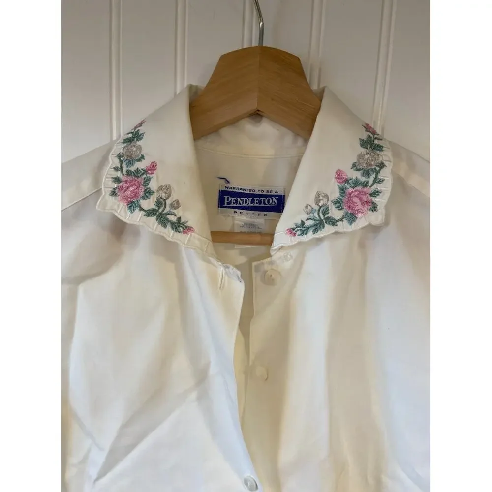 Pendleton Blouse Women's 4 Cream/ivory Button Up Shirt, Embroidered Collar, VTG - Picture 2 of 5